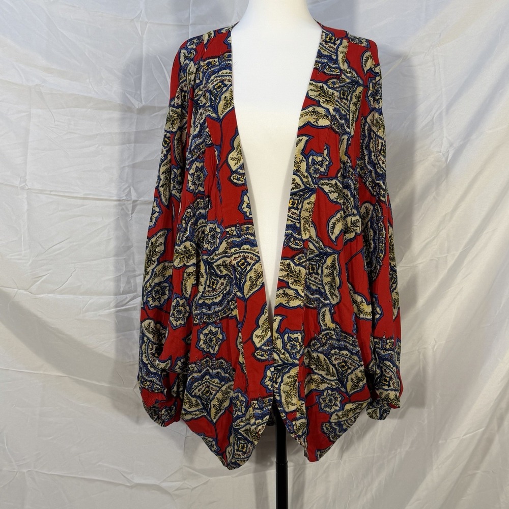 Maurices Kimono Women 0X/1X Plus Red Blue Paisley Floral Open Front Cardigan